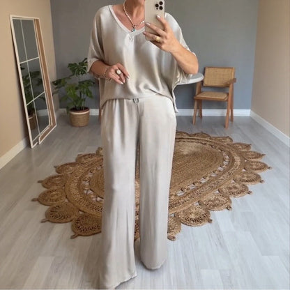 Conjunto Marevielle™ em Tecido Acetinado com Blusa Ampla e Pantalona Fluida