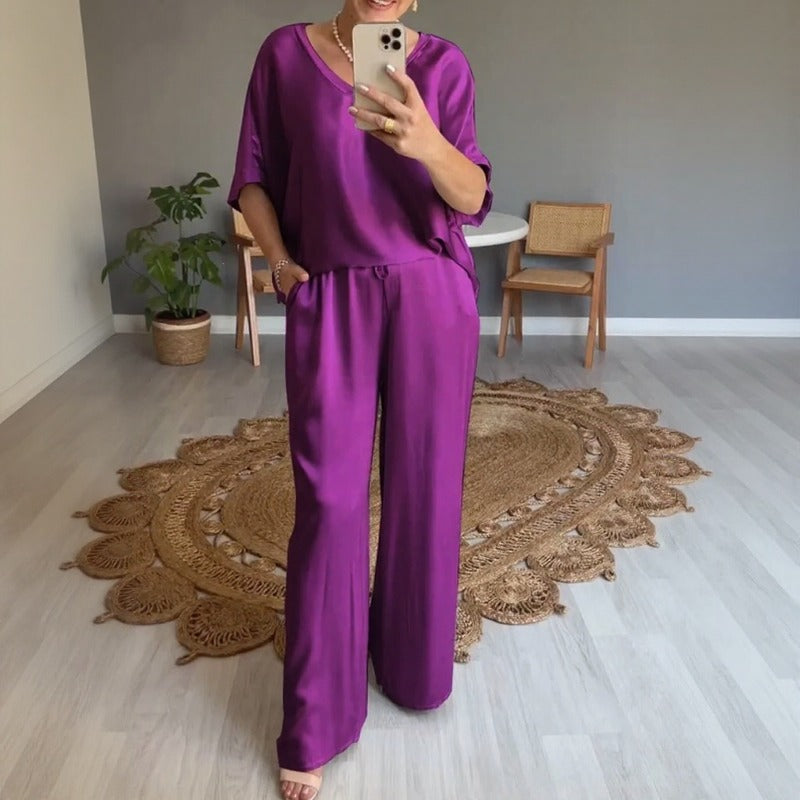 Conjunto Marevielle™ em Tecido Acetinado com Blusa Ampla e Pantalona Fluida