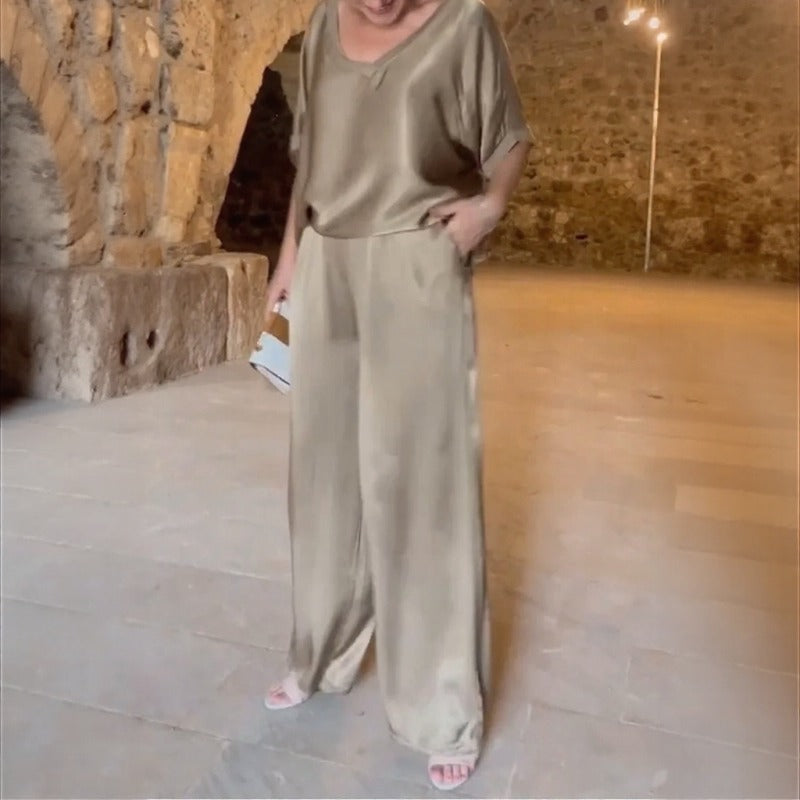 Conjunto Marevielle™ em Tecido Acetinado com Blusa Ampla e Pantalona Fluida