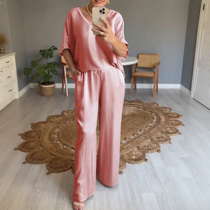 Conjunto Marevielle™ em Tecido Acetinado com Blusa Ampla e Pantalona Fluida