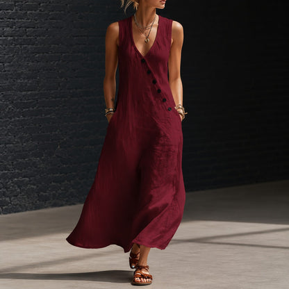 Vestido Midi Antonella™ com Botões Elegantes e Decote em V