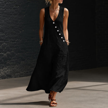 Vestido Midi Antonella™ com Botões Elegantes e Decote em V