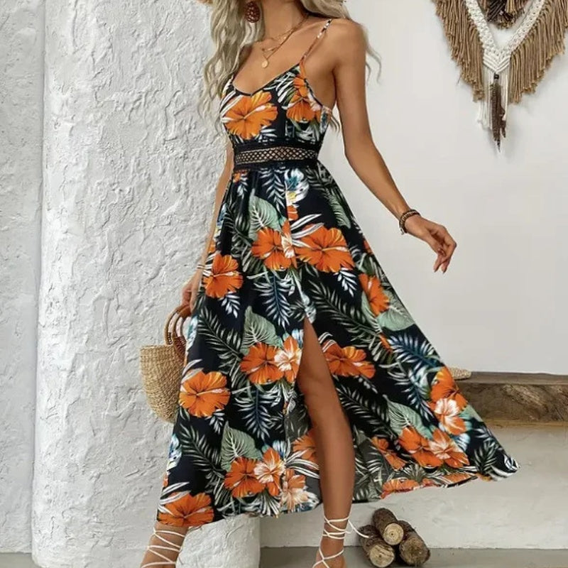 Vestido Longo Garden™ com Cintura Rendada e Fenda Elegante