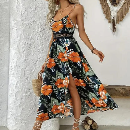 Vestido Longo Garden™ com Cintura Rendada e Fenda Elegante