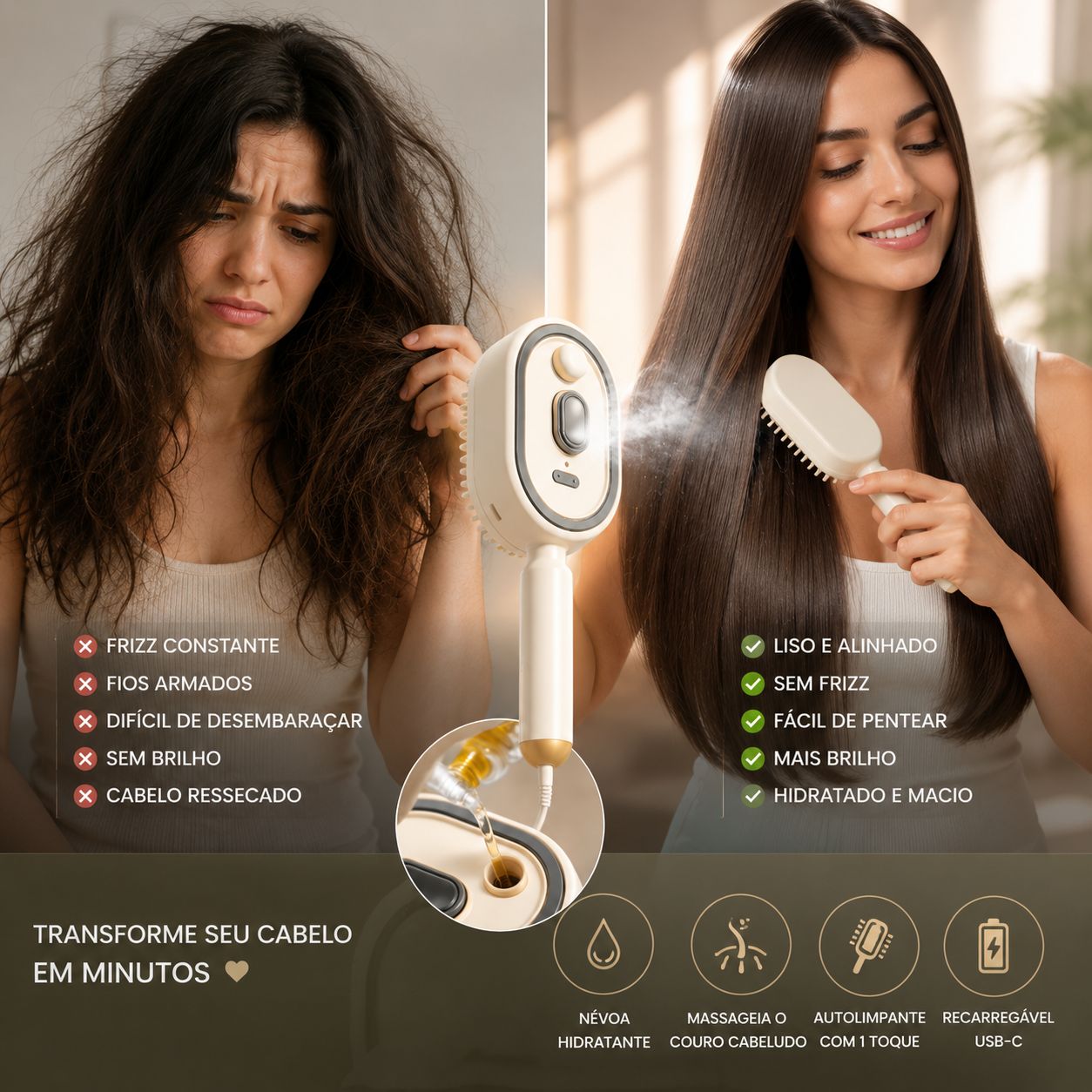 Escova de Cabelo Elétrica 3 em 1 Reduz o Frizz, Alisa e Massageia Sem Quebrar os Fios