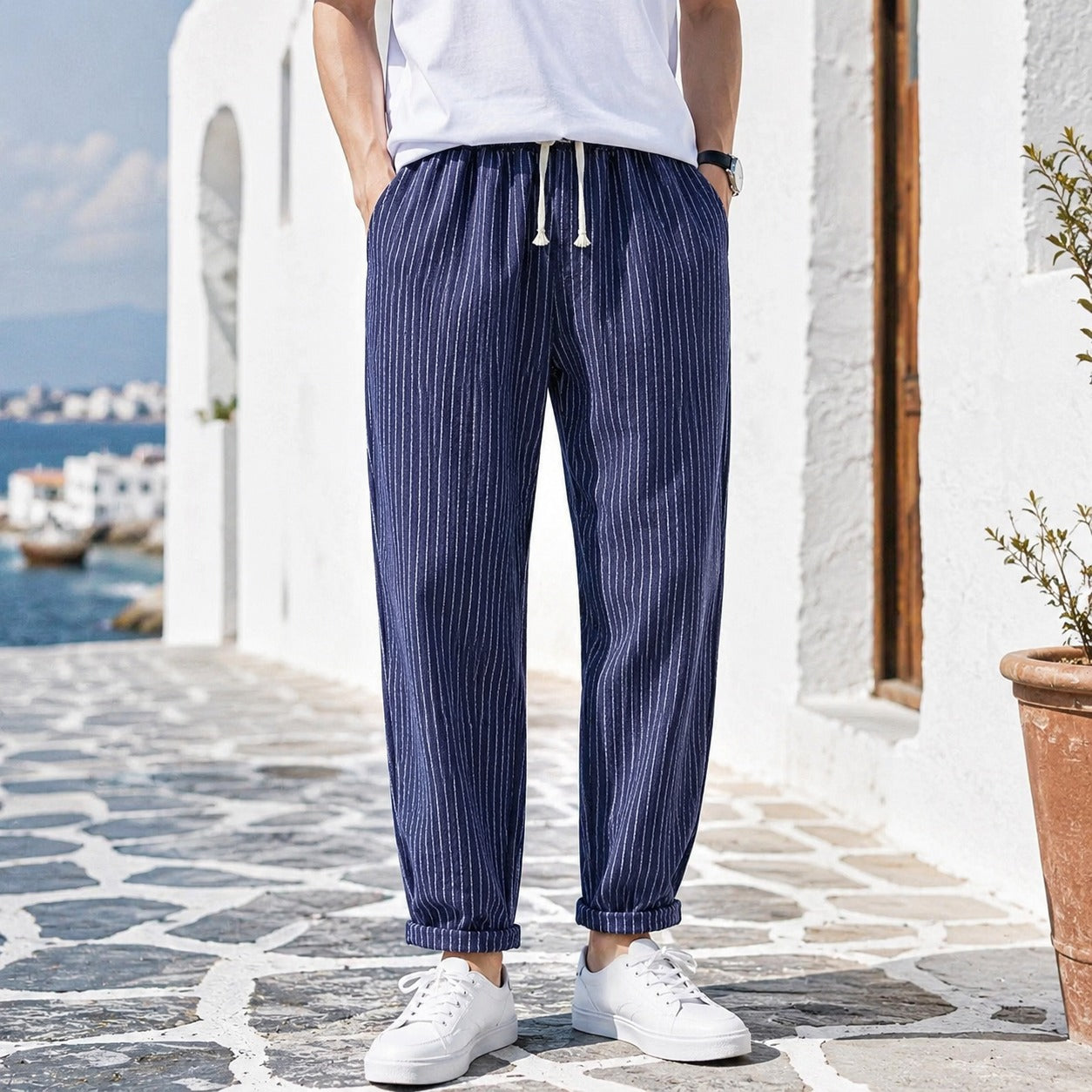 Calça Laurent™ em Linho de Algodão com Listrado Elegante