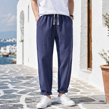 Calça Laurent™ em Linho de Algodão com Listrado Elegante