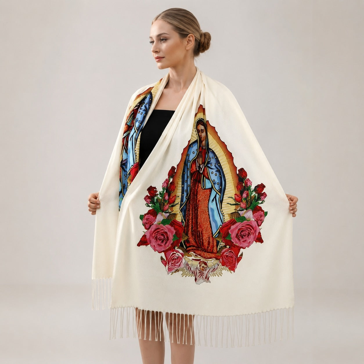 Cachecol Guadalupe™ em Cashmere com Acabamento Artesanal e Franjas Delicadas