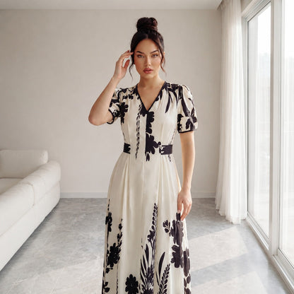 Vestido Maristelle™ com Estampa Floral Contrastante e Decote V