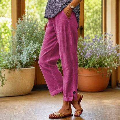 Calça Sylvie™ em Linho de Algodão com Fenda Lateral na Barra