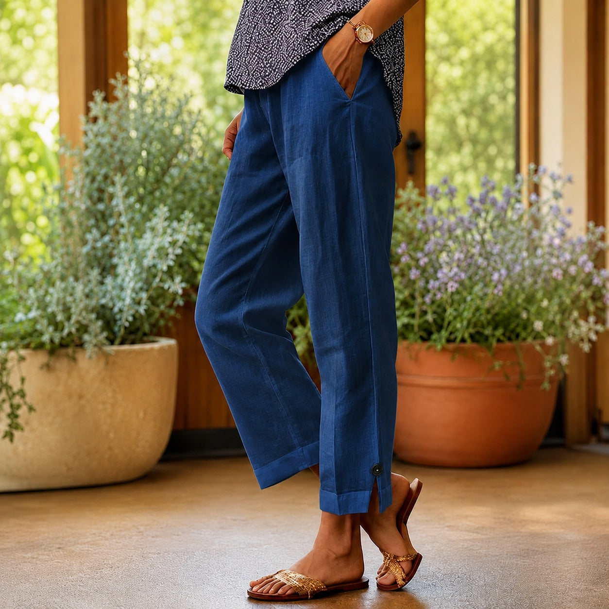 Calça Sylvie™ em Linho de Algodão com Fenda Lateral na Barra
