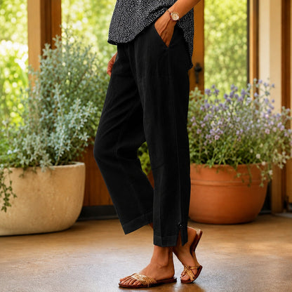 Calça Sylvie™ em Linho de Algodão com Fenda Lateral na Barra