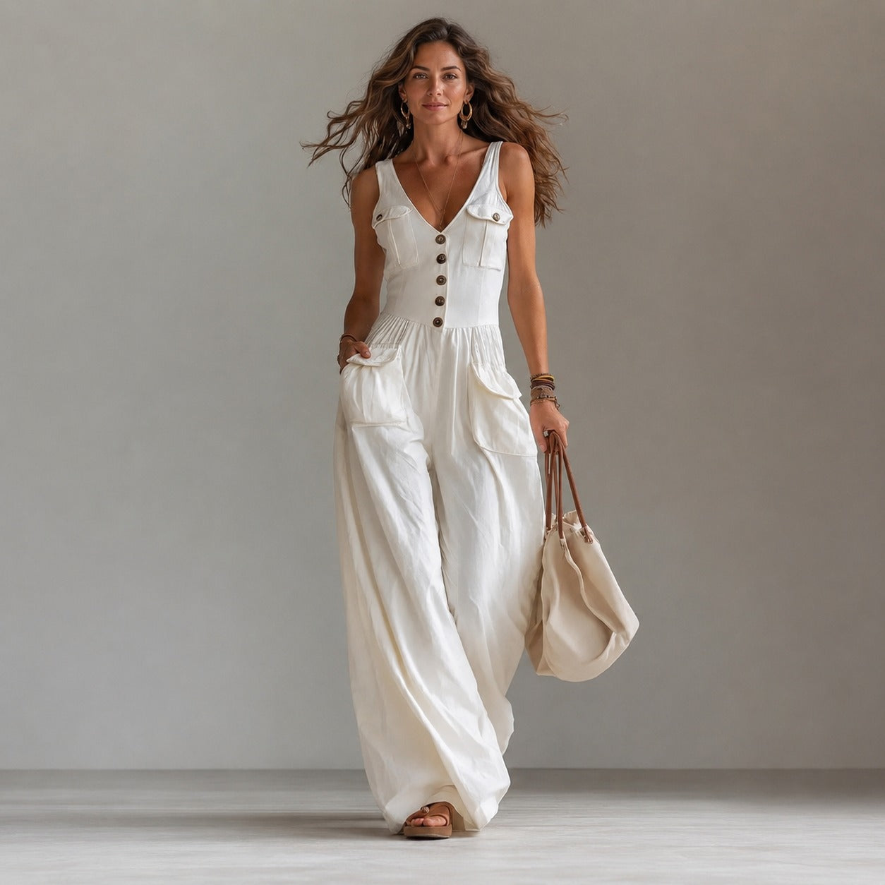 Macacão Marvella™ com Decote V e Modelagem Pantalona