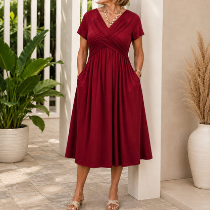 Vestido Lirenne™ com Decote Transpassado, Mangas Curtas e Saia Ampla / Do almoço ao evento com naturalidade