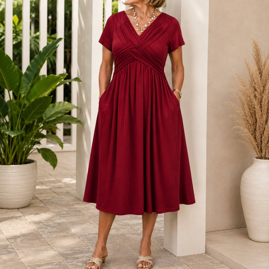Vestido Lirenne™ com Decote Transpassado, Mangas Curtas e Saia Ampla / Do almoço ao evento com naturalidade