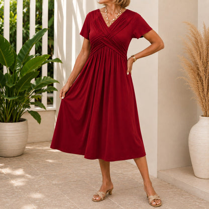 Vestido Lirenne™ com Decote Transpassado, Mangas Curtas e Saia Ampla / Do almoço ao evento com naturalidade