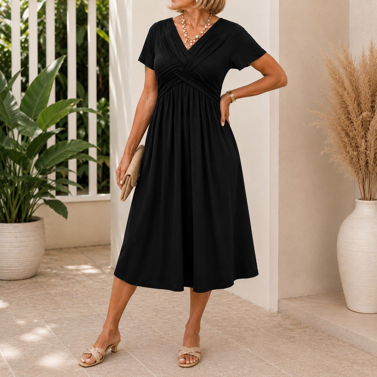 Vestido Lirenne™ com Decote Transpassado, Mangas Curtas e Saia Ampla / Do almoço ao evento com naturalidade