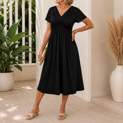 Vestido Lirenne™ com Decote Transpassado, Mangas Curtas e Saia Ampla / Do almoço ao evento com naturalidade