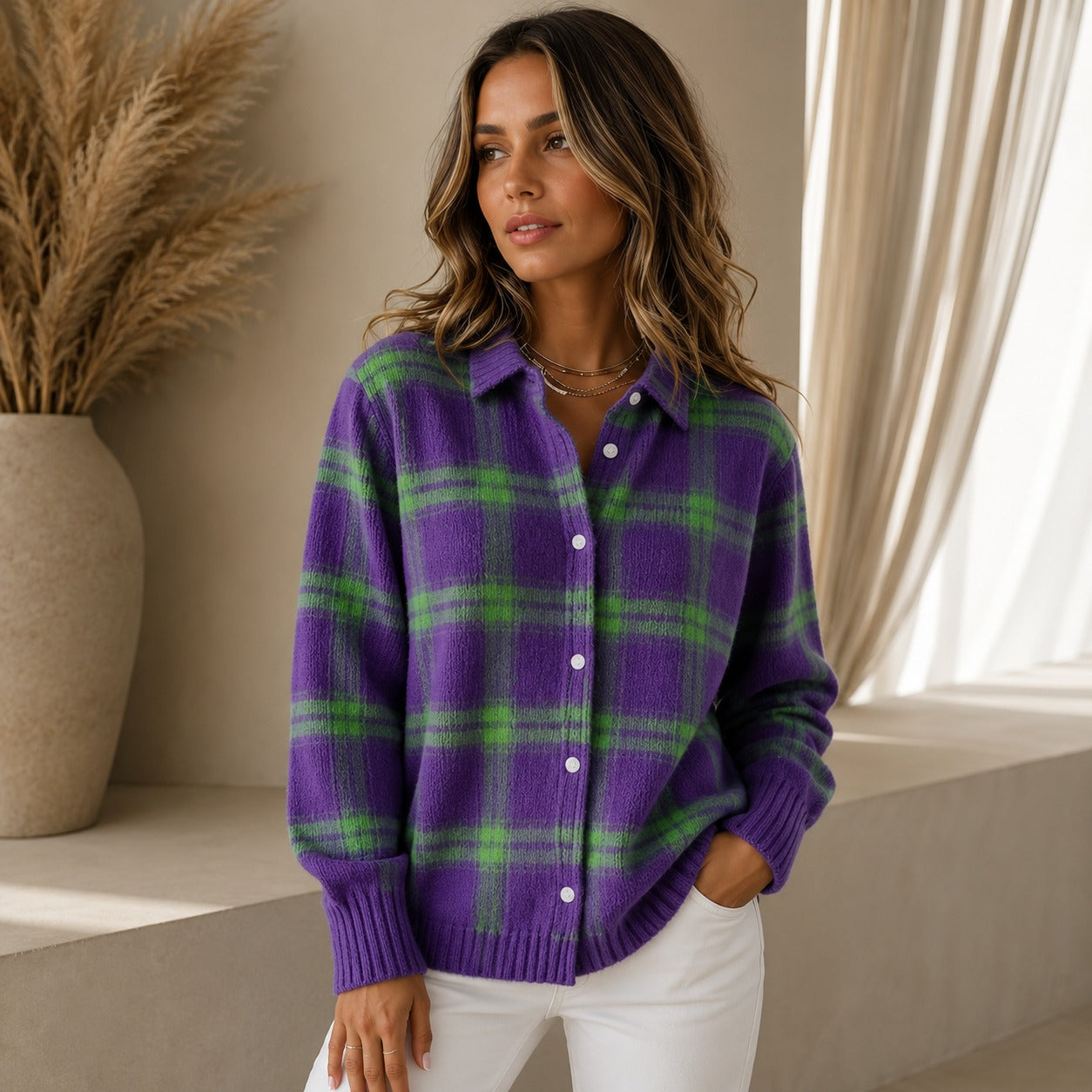 Cardigan Saint Claire™ em Tricô Premium com Estampa Xadrez