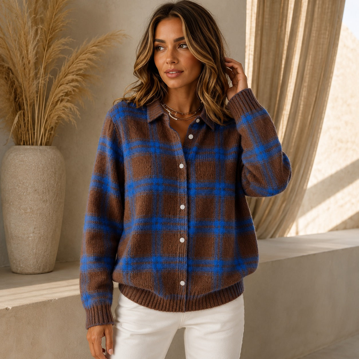 Cardigan Saint Claire™ em Tricô Premium com Estampa Xadrez