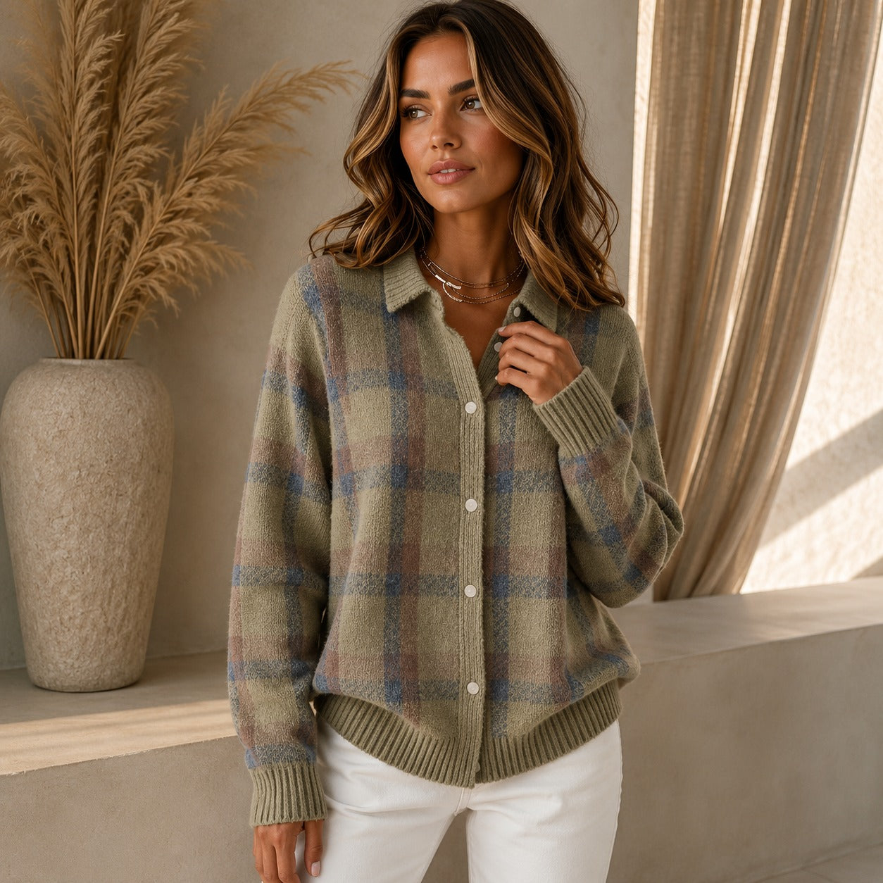 Cardigan Saint Claire™ em Tricô Premium com Estampa Xadrez