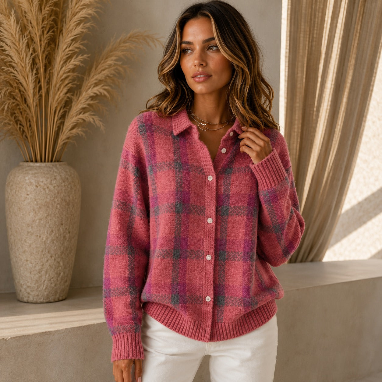 Cardigan Saint Claire™ em Tricô Premium com Estampa Xadrez