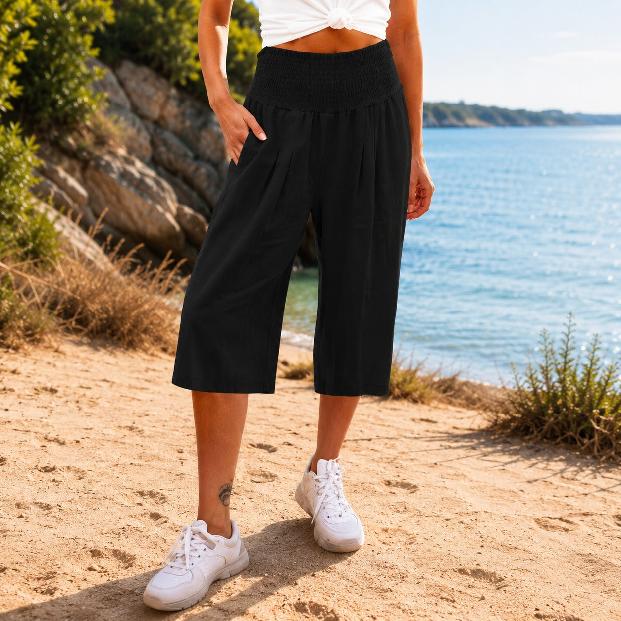 Calça Pantacourt Rosetta™ em Linho de Algodão com Cós Franzido Elegante