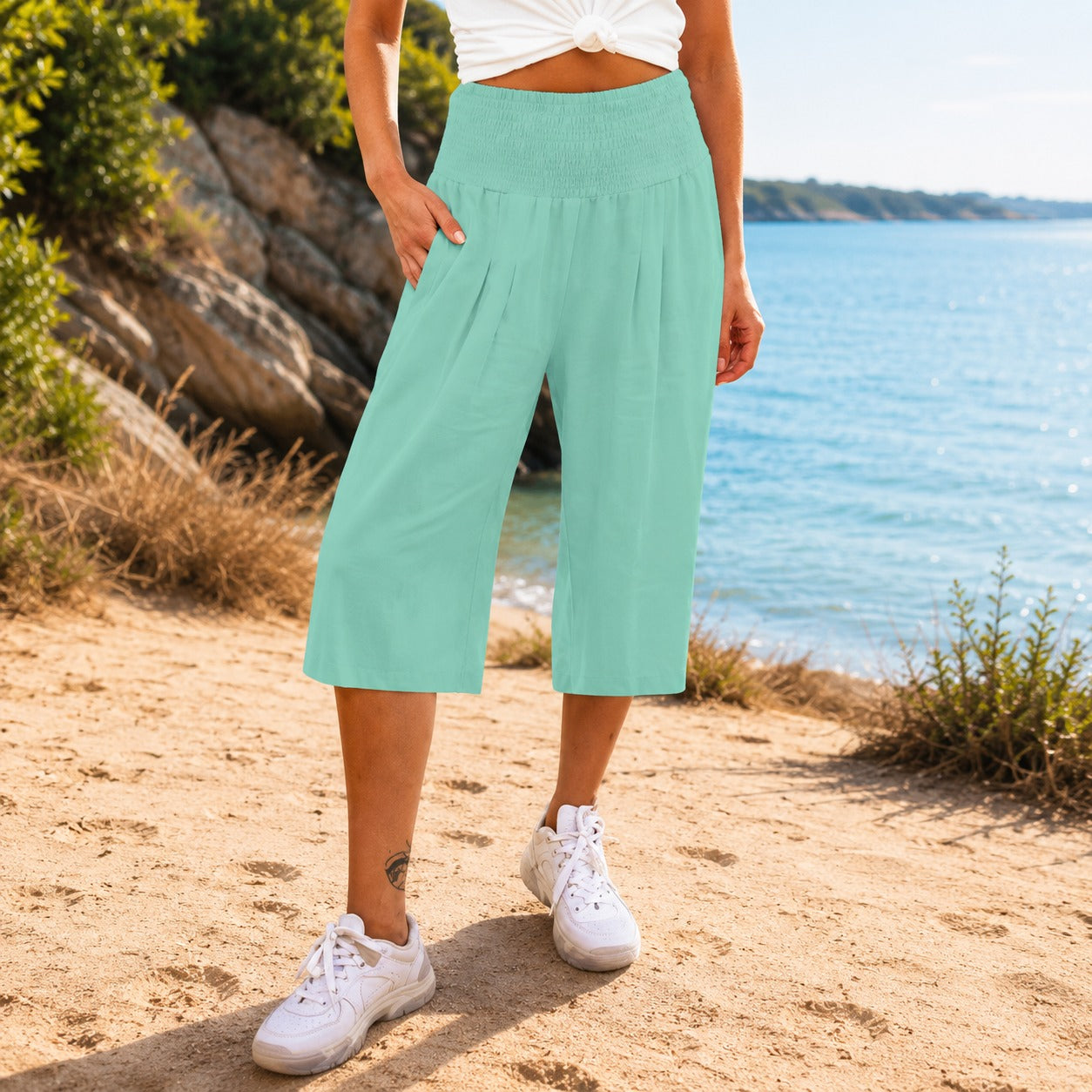 Calça Pantacourt Rosetta™ em Linho de Algodão com Cós Franzido Elegante