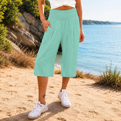 Calça Pantacourt Rosetta™ em Linho de Algodão com Cós Franzido Elegante