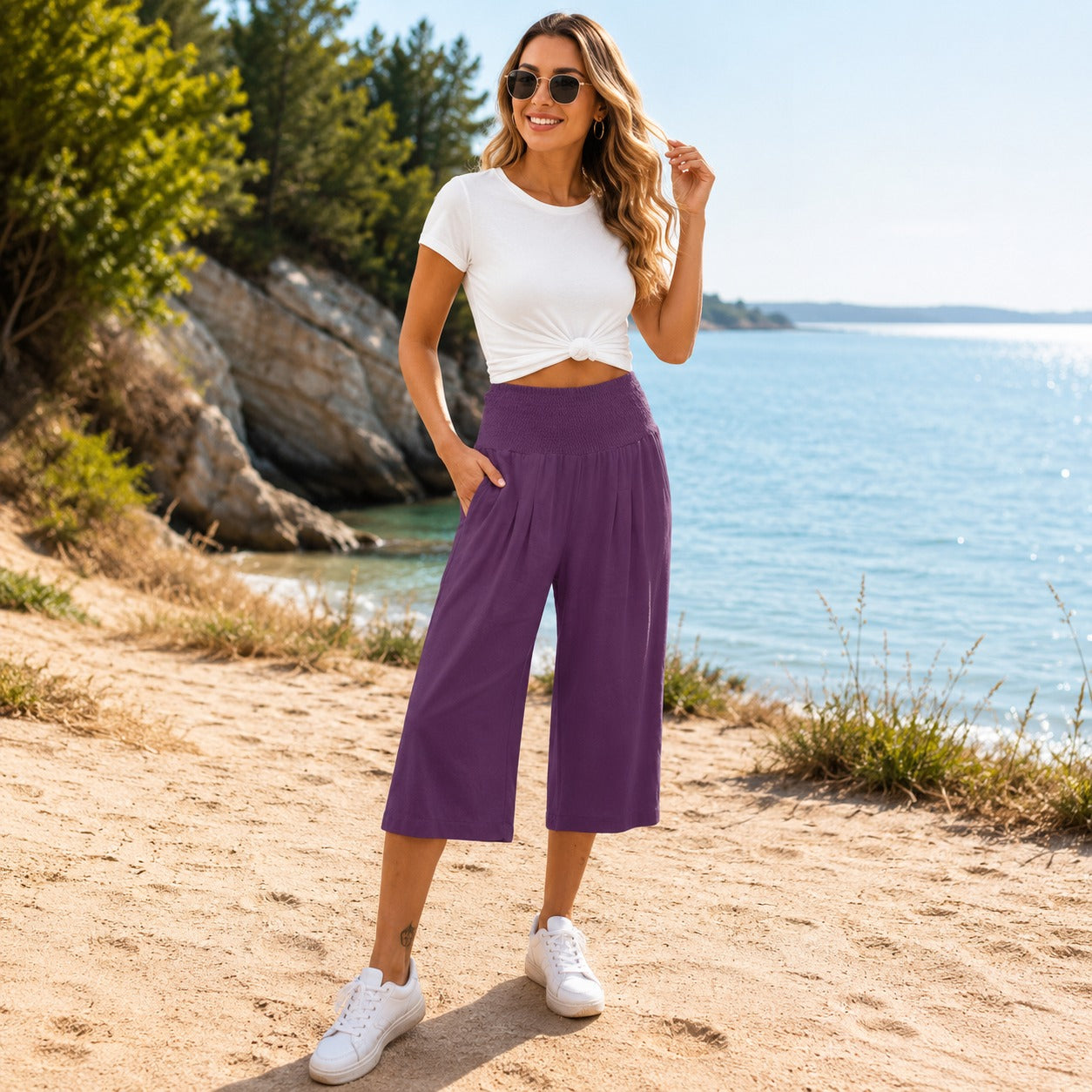 Calça Pantacourt Rosetta™ em Linho de Algodão com Cós Franzido Elegante