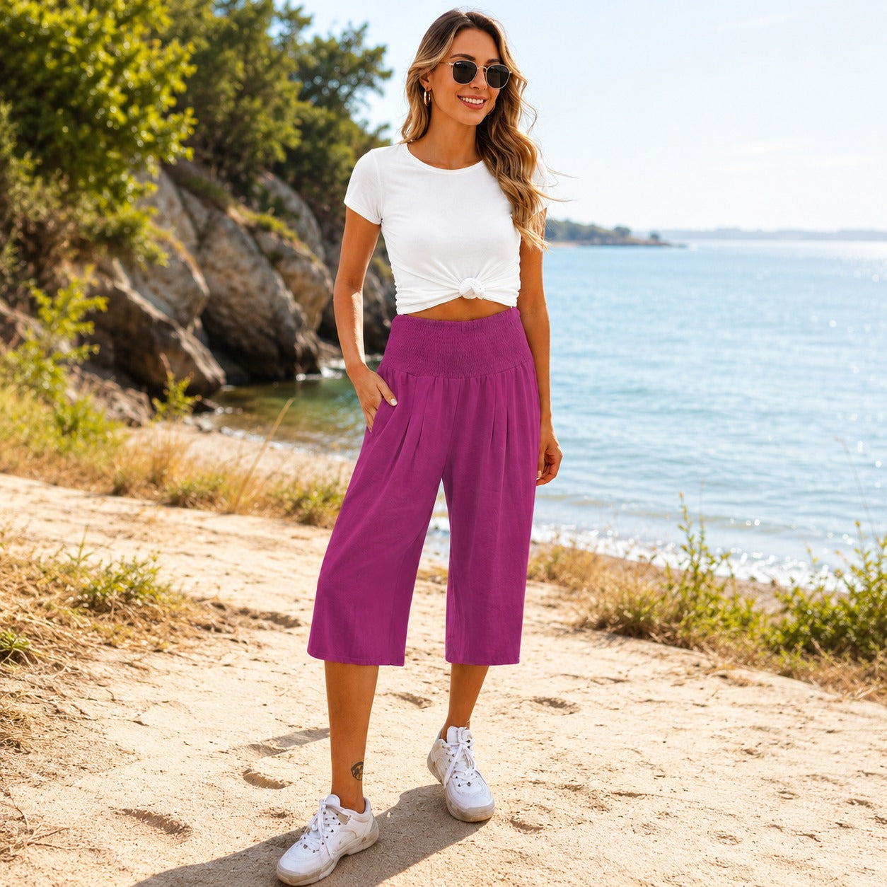 Calça Pantacourt Rosetta™ em Linho de Algodão com Cós Franzido Elegante