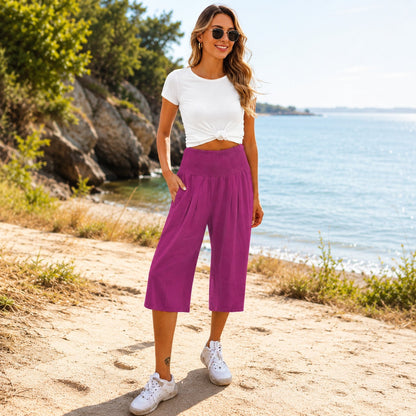 Calça Pantacourt Rosetta™ em Linho de Algodão com Cós Franzido Elegante