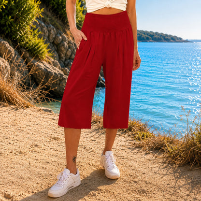 Calça Pantacourt Rosetta™ em Linho de Algodão com Cós Franzido Elegante