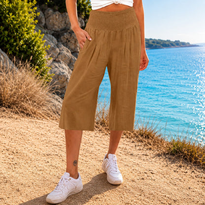 Calça Pantacourt Rosetta™ em Linho de Algodão com Cós Franzido Elegante