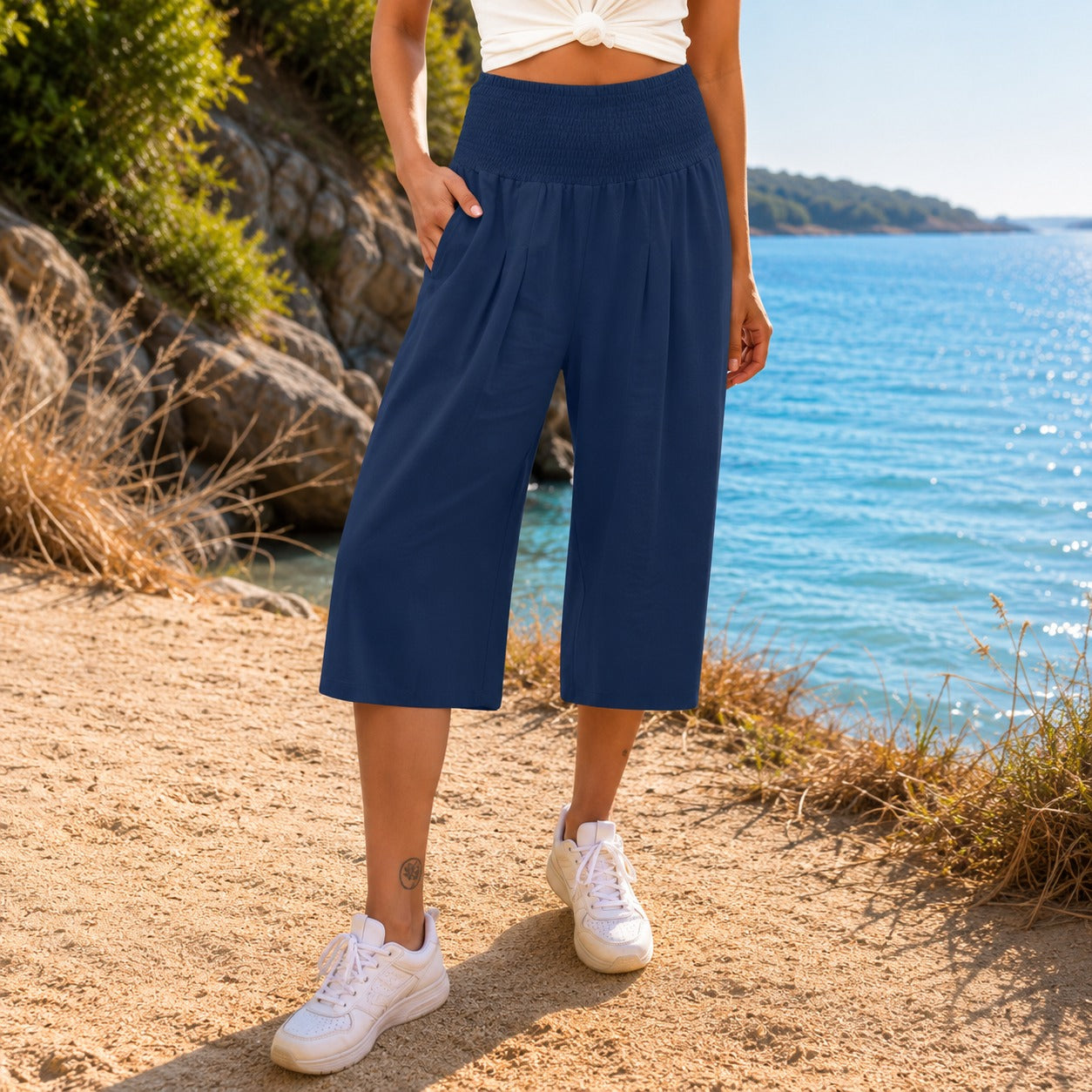 Calça Pantacourt Rosetta™ em Linho de Algodão com Cós Franzido Elegante