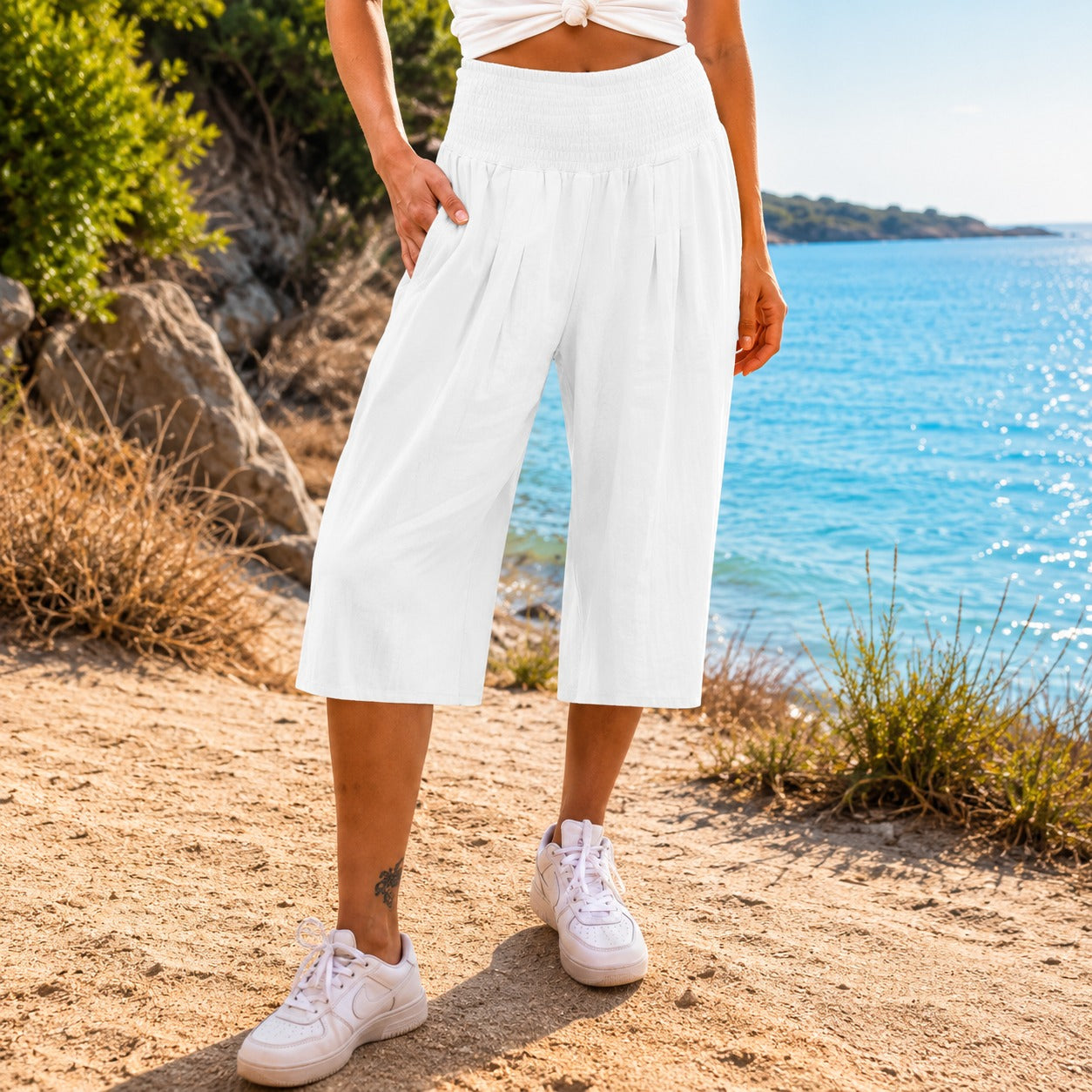 Calça Pantacourt Rosetta™ em Linho de Algodão com Cós Franzido Elegante