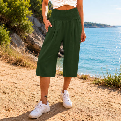 Calça Pantacourt Rosetta™ em Linho de Algodão com Cós Franzido Elegante