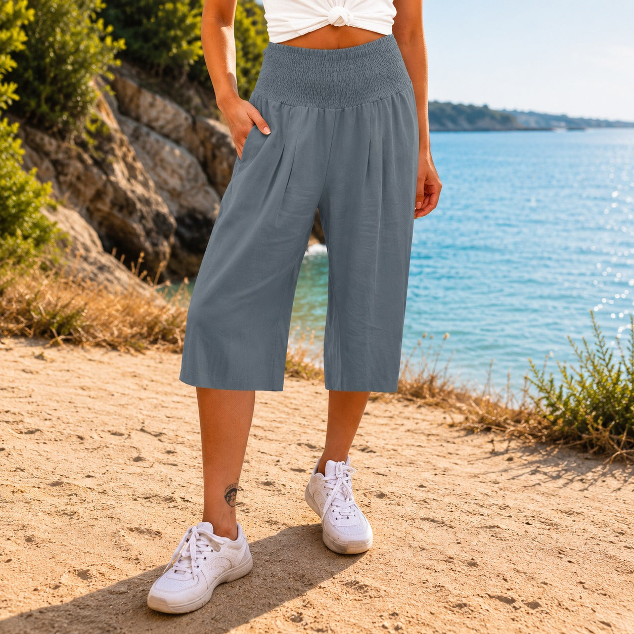 Calça Pantacourt Rosetta™ em Linho de Algodão com Cós Franzido Elegante