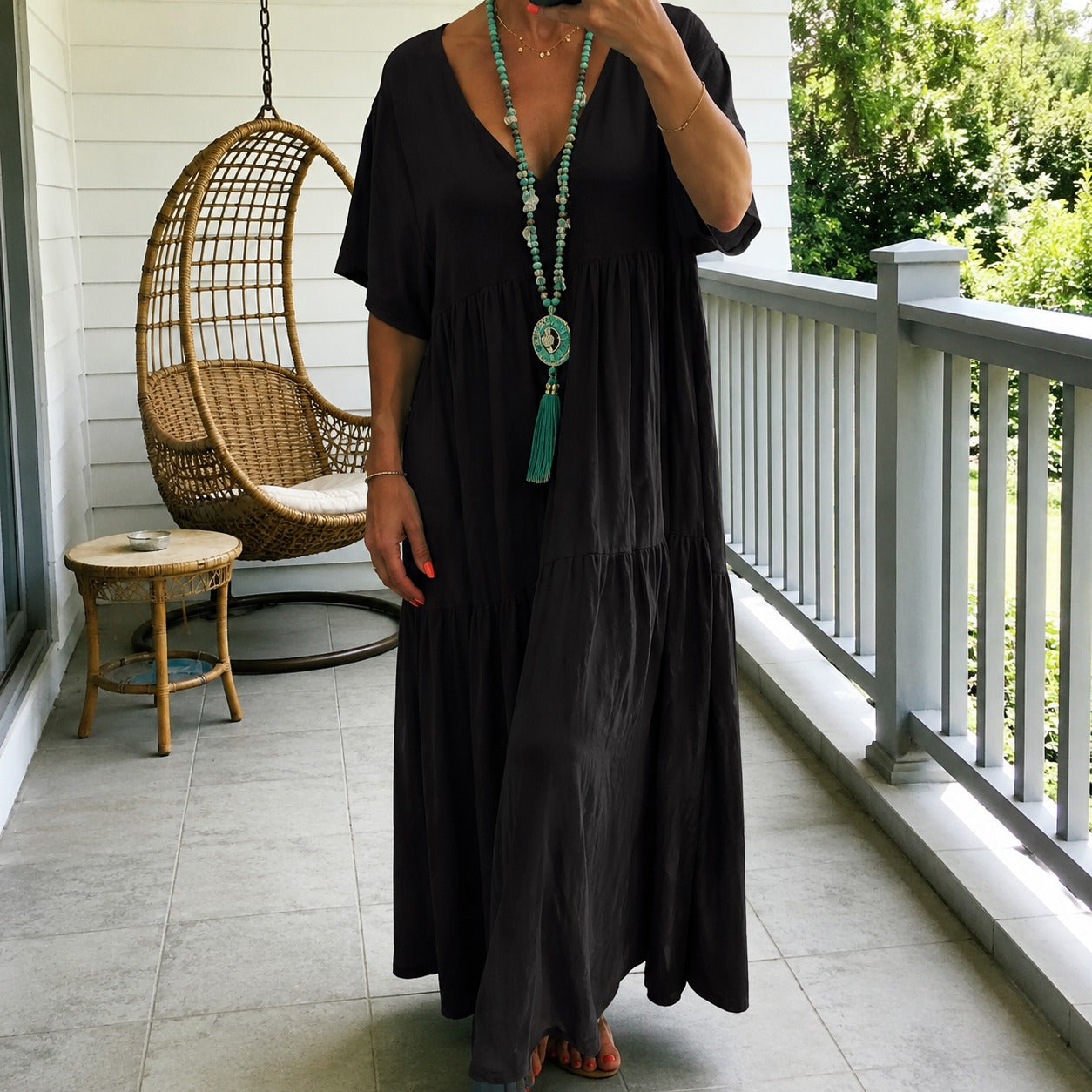 Vestido Liorenna™ em Linho de Algodão com Modelagem Solta e Decote V