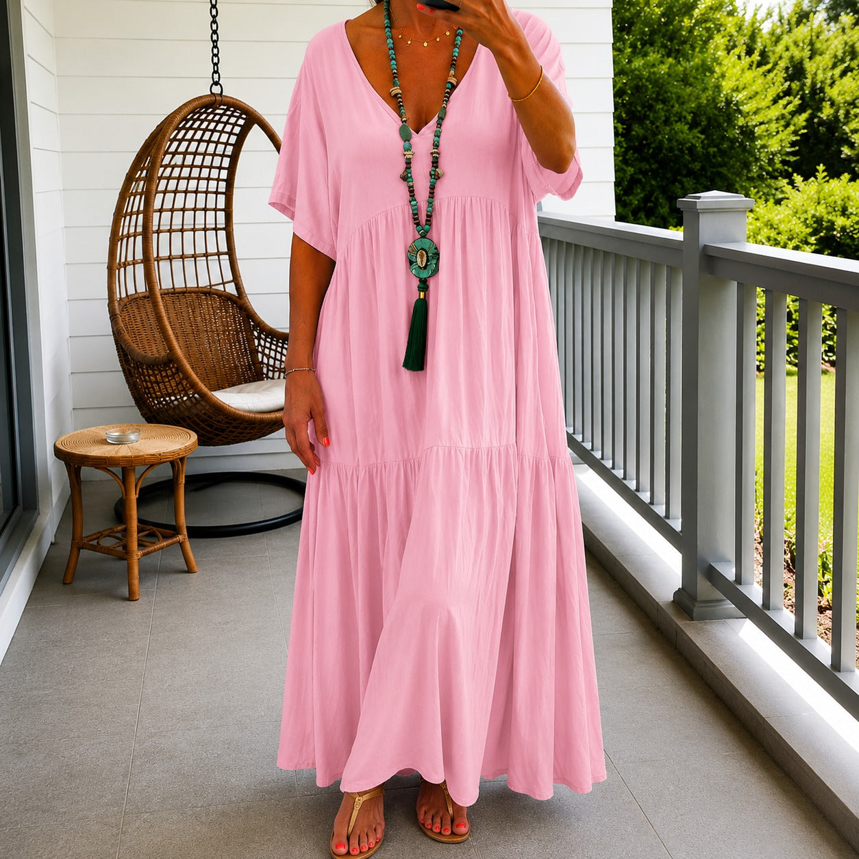 Vestido Liorenna™ em Linho de Algodão com Modelagem Solta e Decote V