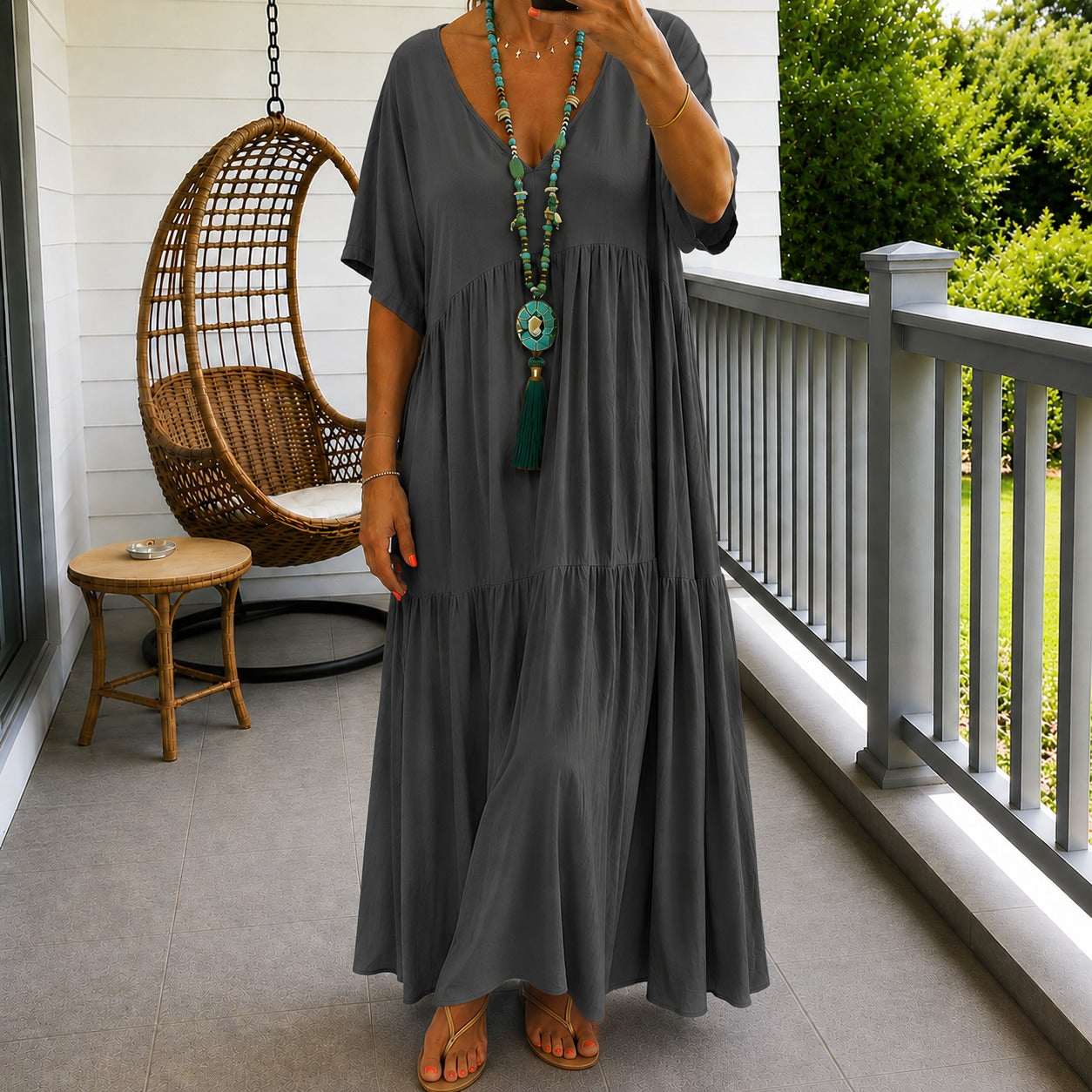 Vestido Liorenna™ em Linho de Algodão com Modelagem Solta e Decote V