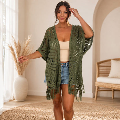 Cardigan Calivie™ em Tricô Vazado com Franjas e Trama Artesanal