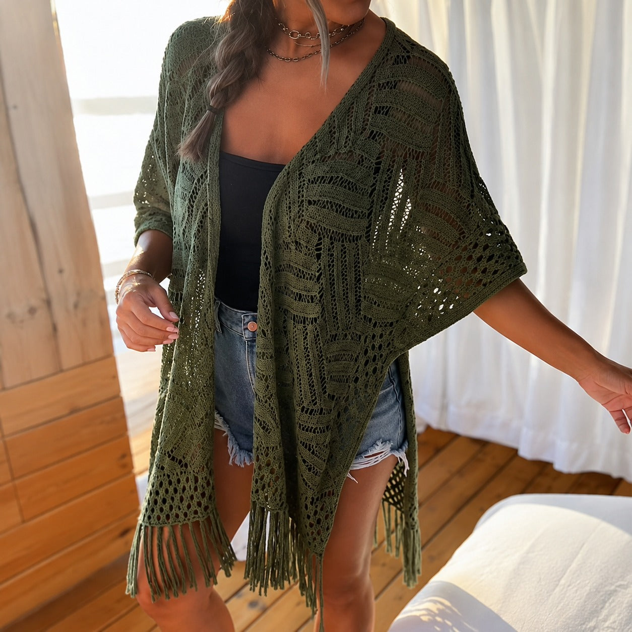 Cardigan Calivie™ em Tricô Vazado com Franjas e Trama Artesanal