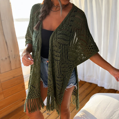Cardigan Calivie™ em Tricô Vazado com Franjas e Trama Artesanal
