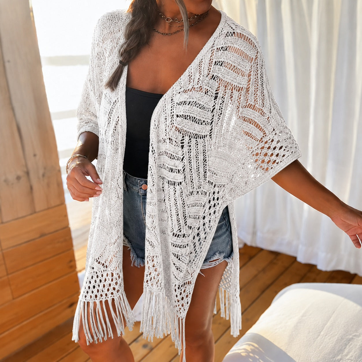 Cardigan Calivie™ em Tricô Vazado com Franjas e Trama Artesanal