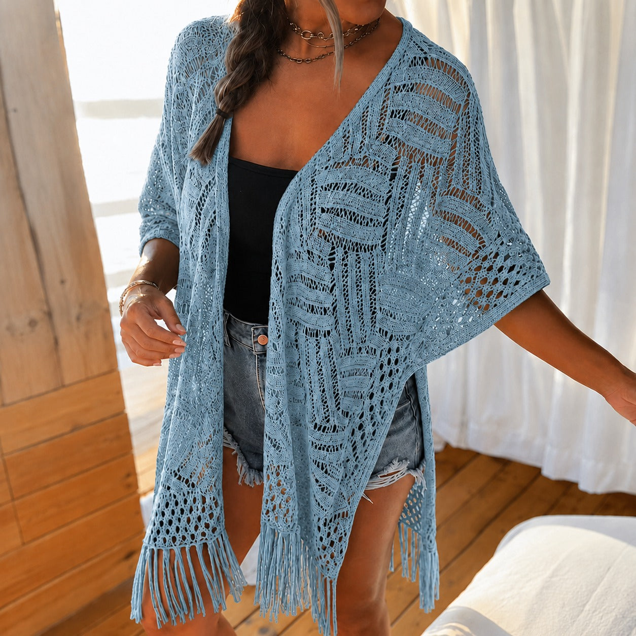 Cardigan Calivie™ em Tricô Vazado com Franjas e Trama Artesanal