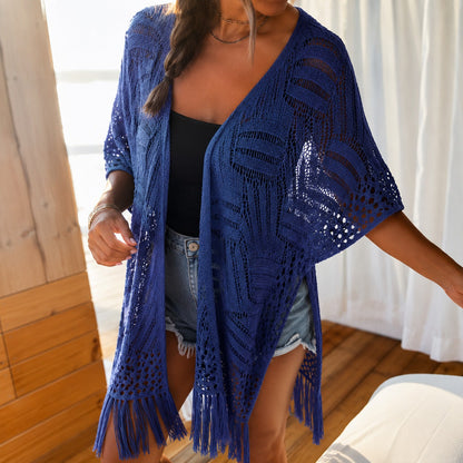 Cardigan Calivie™ em Tricô Vazado com Franjas e Trama Artesanal