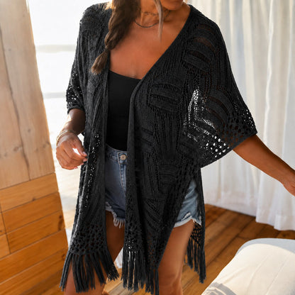 Cardigan Calivie™ em Tricô Vazado com Franjas e Trama Artesanal