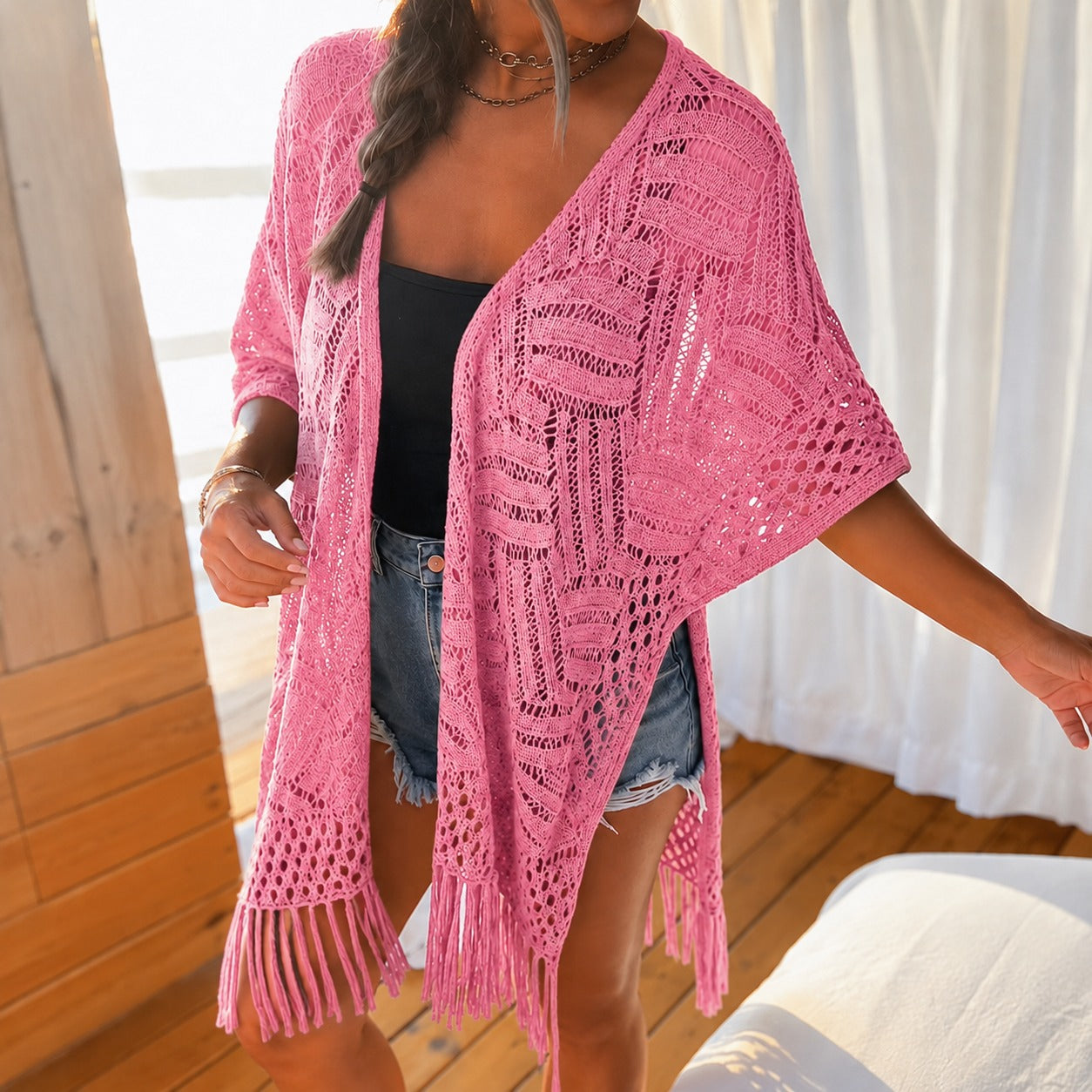 Cardigan Calivie™ em Tricô Vazado com Franjas e Trama Artesanal