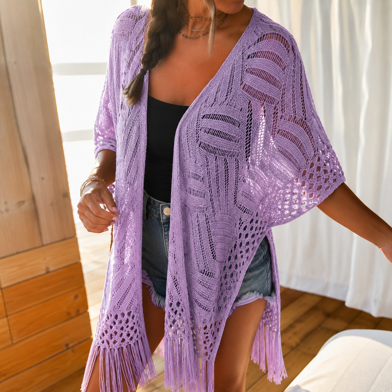 Cardigan Calivie™ em Tricô Vazado com Franjas e Trama Artesanal